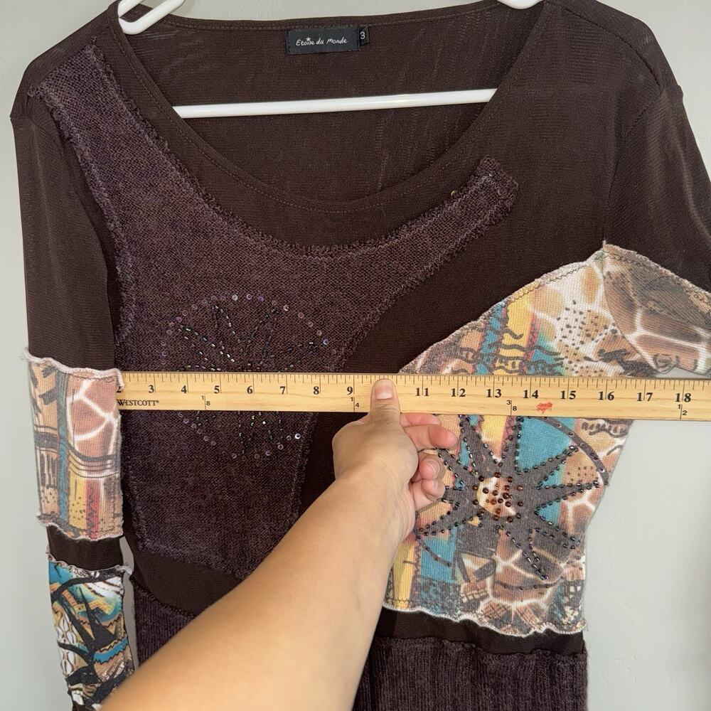 Rare Etoile Du Monde Brown Semi-Sheer Patchwork Sweater Boho Celestial Art - Picture 7 of 9